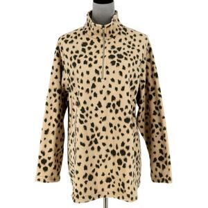 Lands End Top Plus Size 1X Fleece Beige Animal Print Quarter Zip Gorpcore